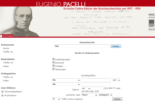 Screenshot der Suchmaske der Online-Edition Pacelli Nuntiaturberichte