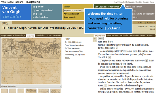 Ansicht eines handgeschriebenen und gezeichneten Brief von van Gogh, daneben eine Transkription
