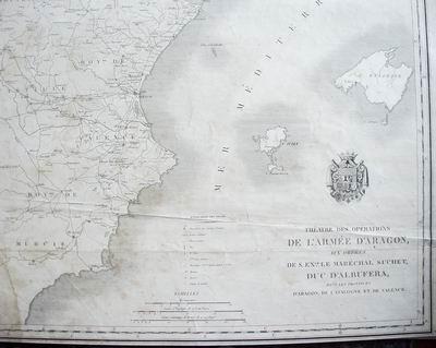Die im Ausschnitt abgebildete Karte zeigt den Feldzug des französischen Marschalls Louis Gabriel Suchet mit seinen Truppen in Spanien 1808–1810.